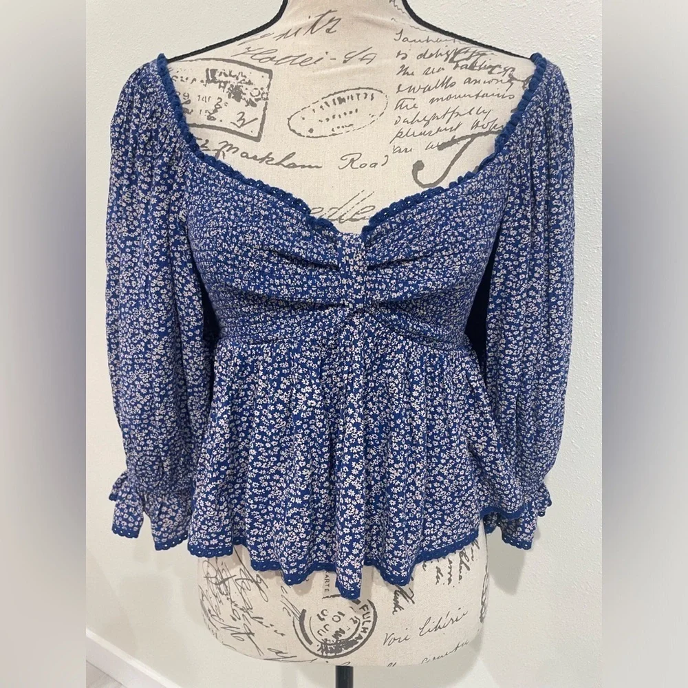 Blue Floral Smocked Peplum Blouse | 100% Viscose Size XS